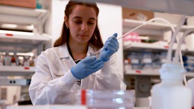 Blanka Bordas, a doctoral student in the translational biology, medicine, and health program, conducts cancer research at the Children’s National Research and Innovation Campus in Washington, D.C.
