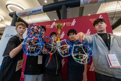 March 16th, 2024-The Asheboro High School Blue Comets with their first place trophy at the U.S. Drone Soccer District IV Championship. (photo by Craig Newcomb/Virginia Tech)